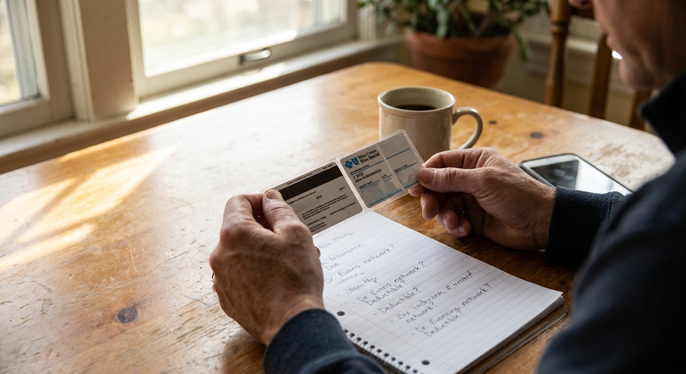 Hands holding insurance card and handwritten questions at kitchen table, preparing to call about mental health treatment coverage