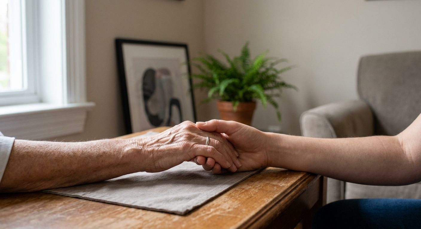 Two people's hands clasped together on a table in natural light, representing support and connection during mental health treatment