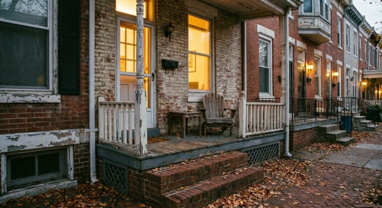 Empty chair on a Baltimore row house porch at dusk with warm light from inside, symbolizing waiting for a loved one struggling with mental illness