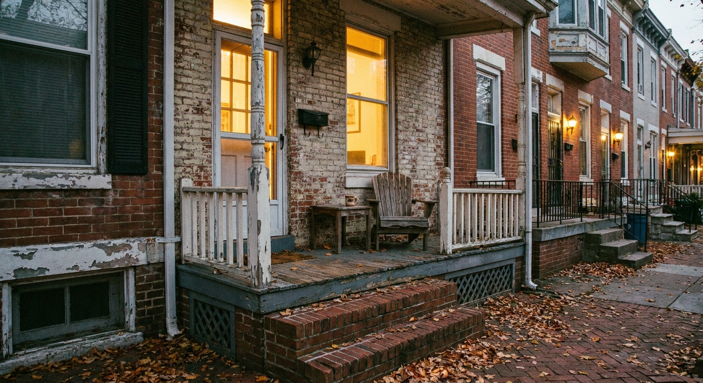 Empty chair on a Baltimore row house porch at dusk with warm light from inside, symbolizing waiting for a loved one struggling with mental illness
