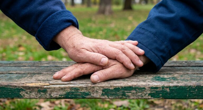 Two people sitting together on a bench, one person's hand gently resting on another's in a supportive gesture