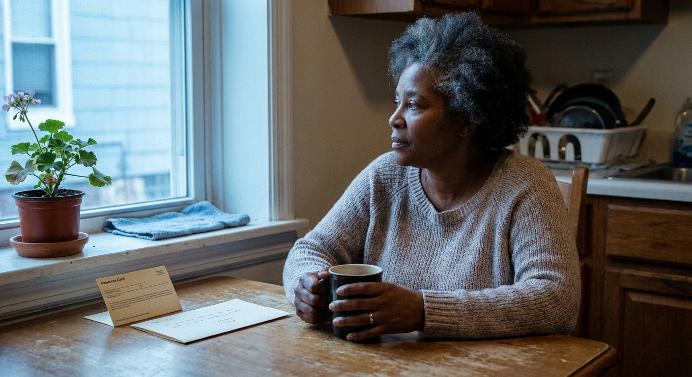 A woman sits at a wooden kitchen table in a Baltimore rowhouse holding a mug, looking toward a window in soft afternoon light, with a folded card and handwritten note beside her.